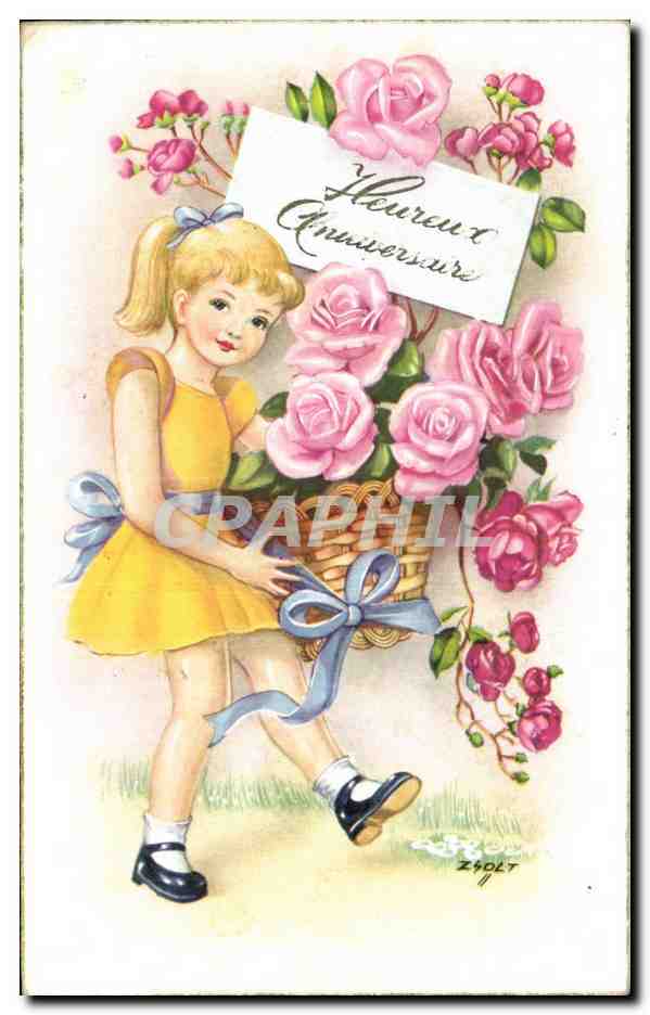Fantaisie - Enfants - Humour - Illustration - Girl with roses - CPA 