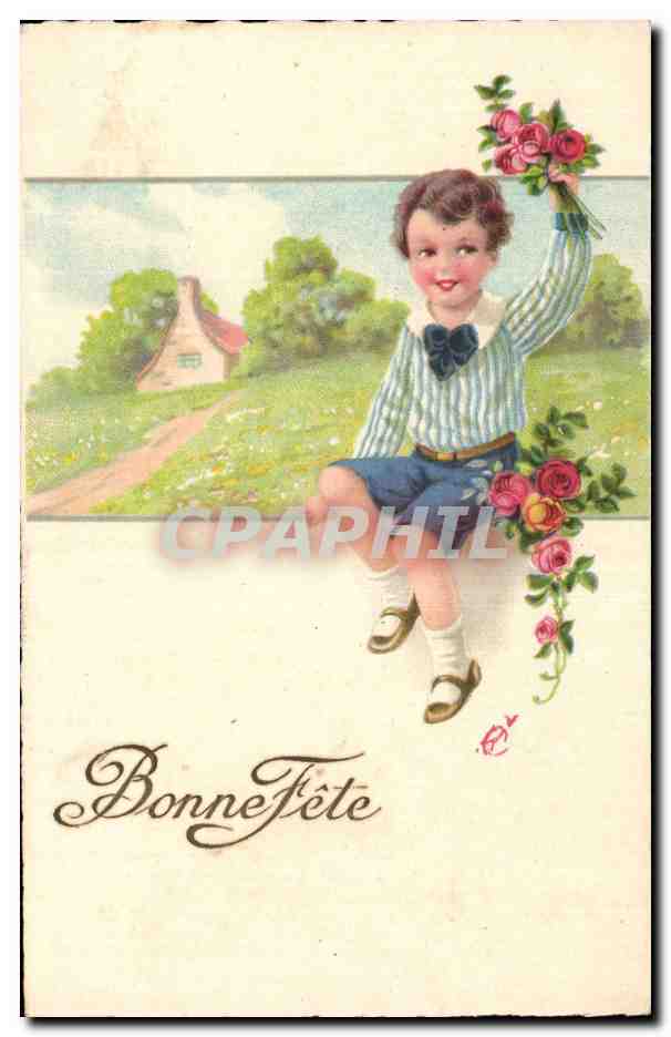 Fantaisie - Enfants - Humour - Illustration - Little boy with bouquet - CPA 