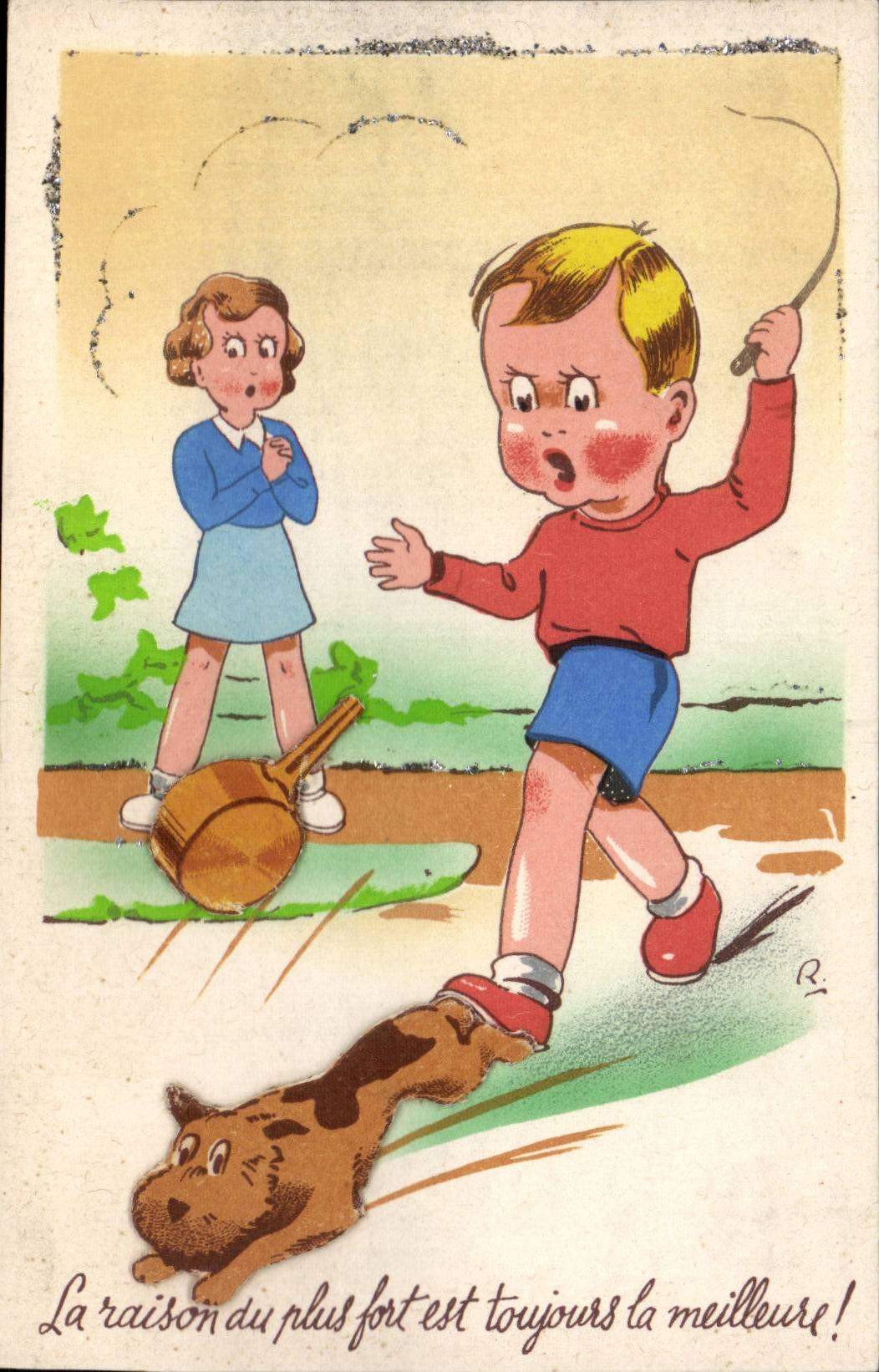 Fantaisie - Enfant - Illustration - Little boy with dog - chien (en relief) - CPA 