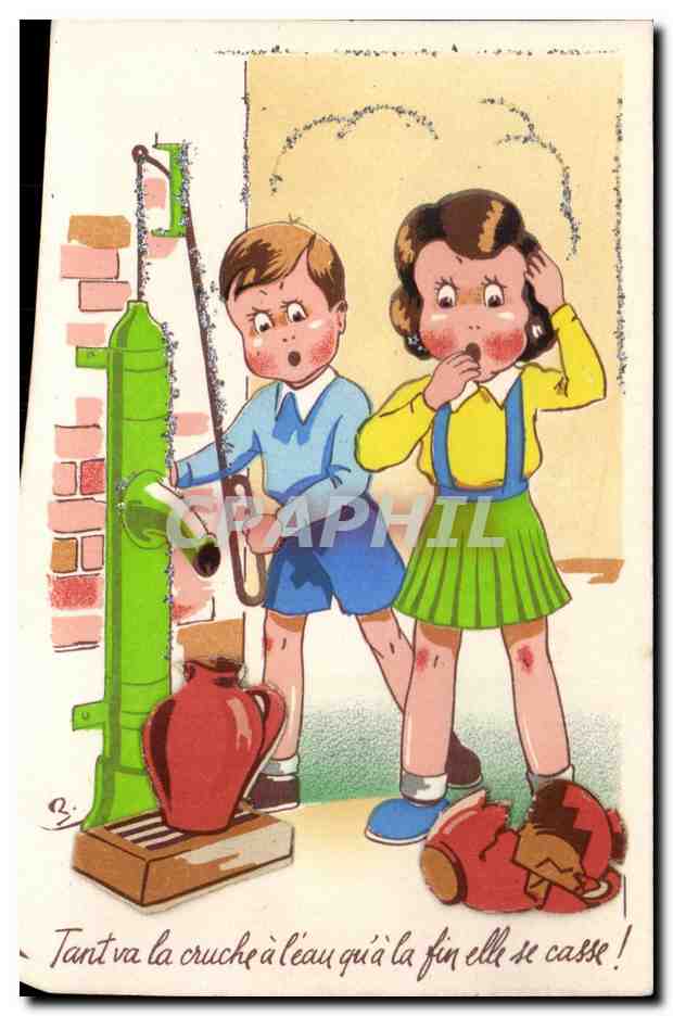 Fantaisie - Enfant - Illustration - cracked water pot (en relief) - CPA 