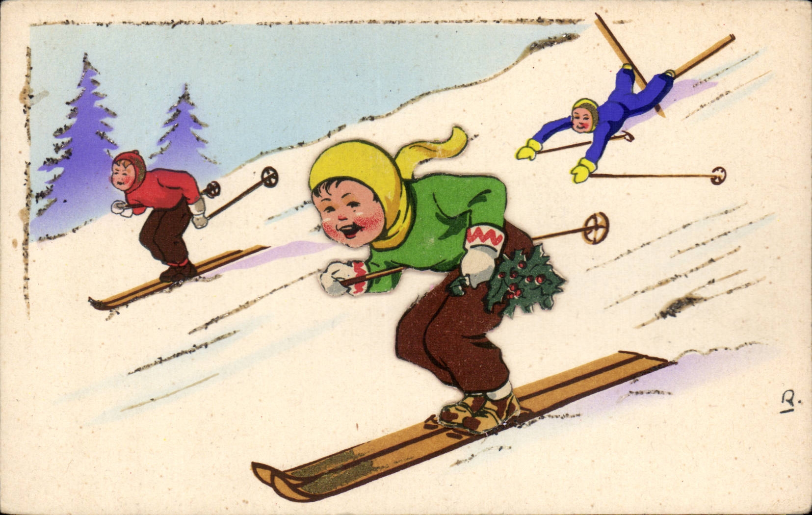 Fantaisie - Enfant - Illustration - ski - sport d'hiver (en relief) - CPA 