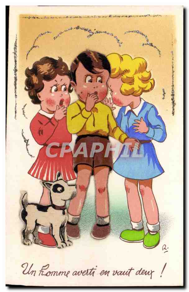 Fantaisie - Enfant - Illustration - shocked children - chien - dog (en relief) - CPA 