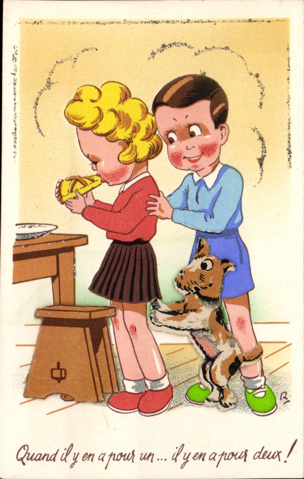 Fantaisie - Enfant - Illustration - children - chien - dog (en relief) - CPA 