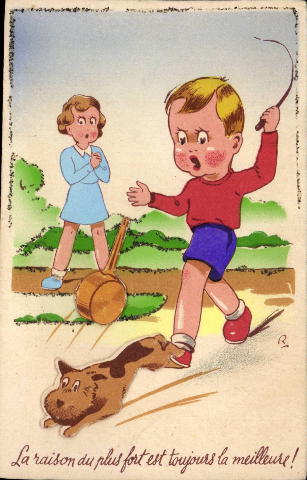 Fantaisie - Enfant - Illustration - children - chien - dog (en relief) - CPA 