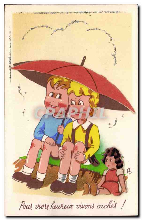 Fantaisie - Enfant - Illustration - children in the rain (en relief) - CPA 