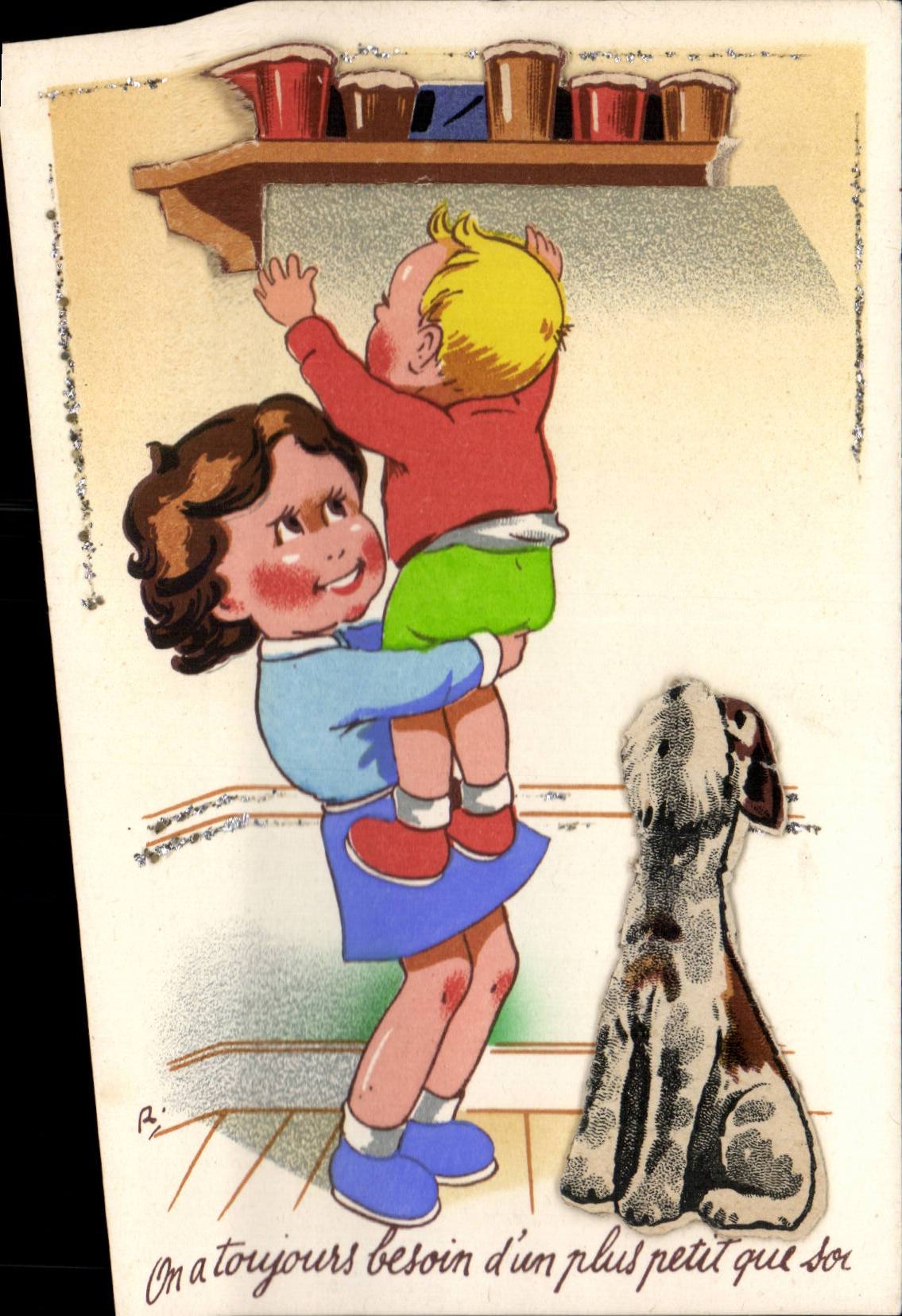 Fantaisie - Enfant - Illustration - reaching for the jam (en relief) - chien - dog - CPA 