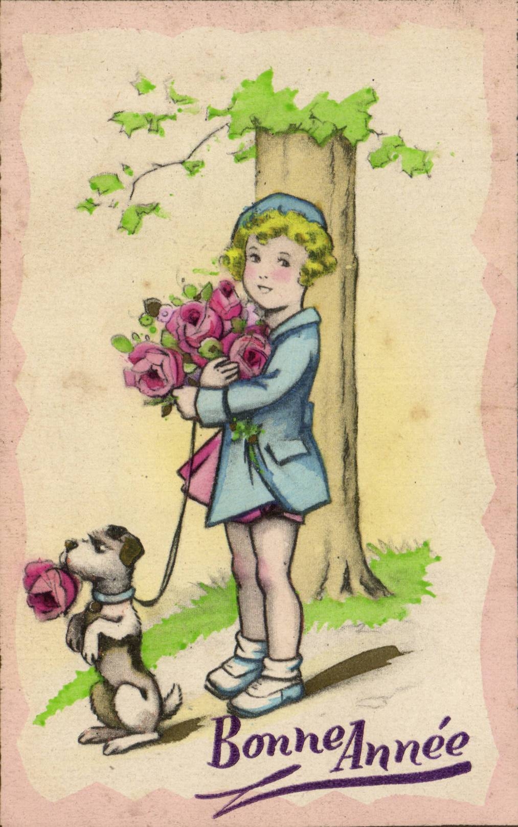Fantaisie - Enfant - Illustration - little girl with dog - chien - CPA 