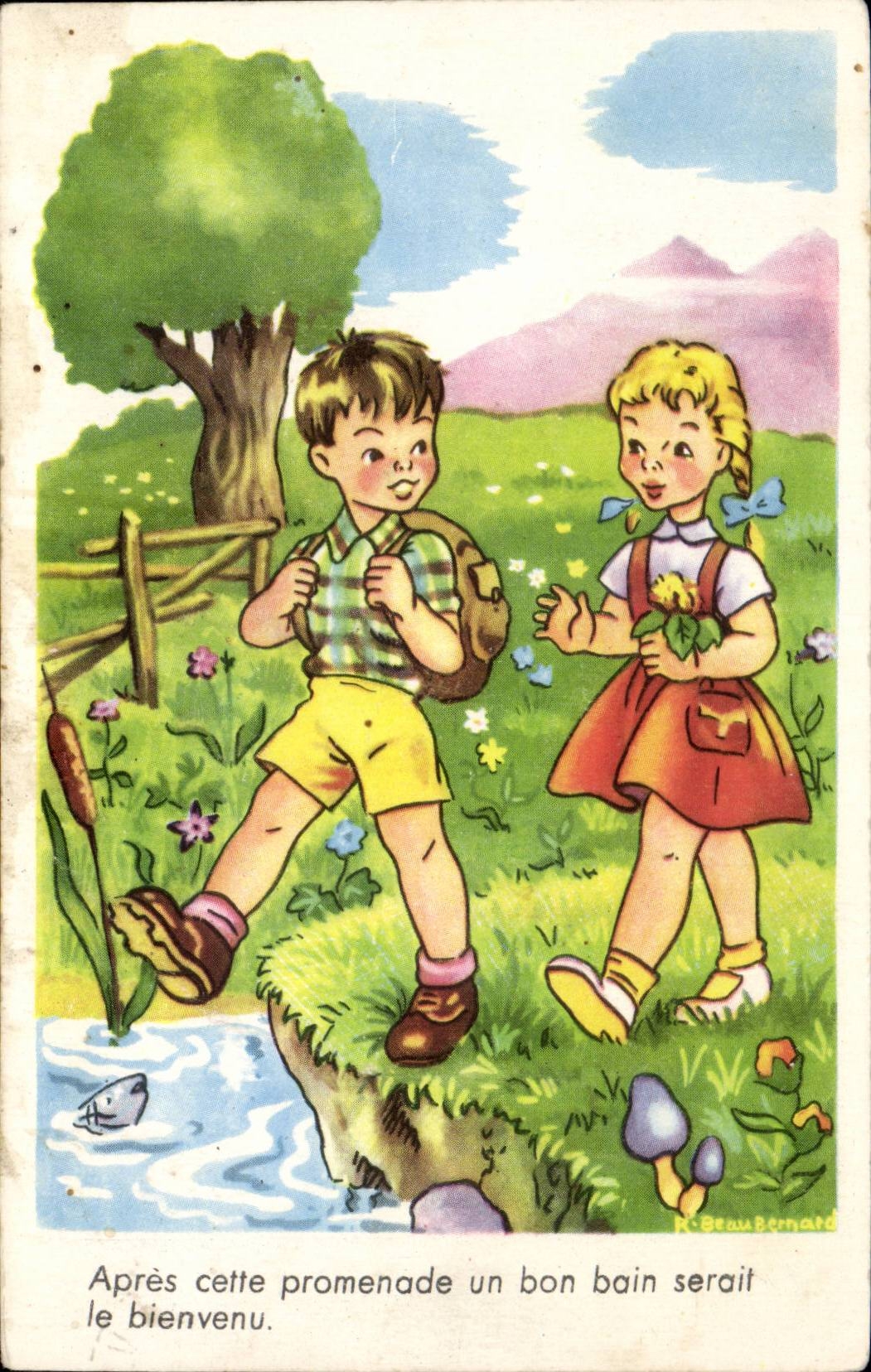 Fantaisie - Enfant - Illustration - children taking a walk - CPA 