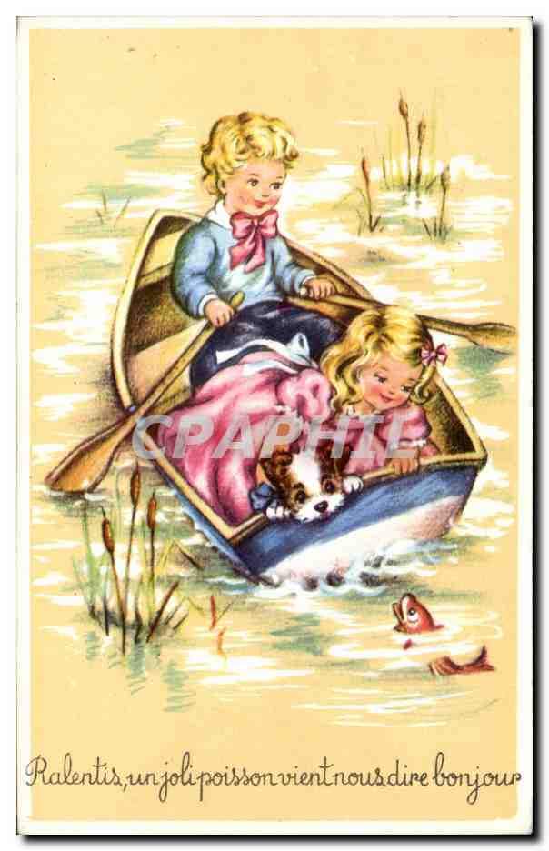 Fantaisie - Enfant - Illustration - children boating - chien - dog - CPA 