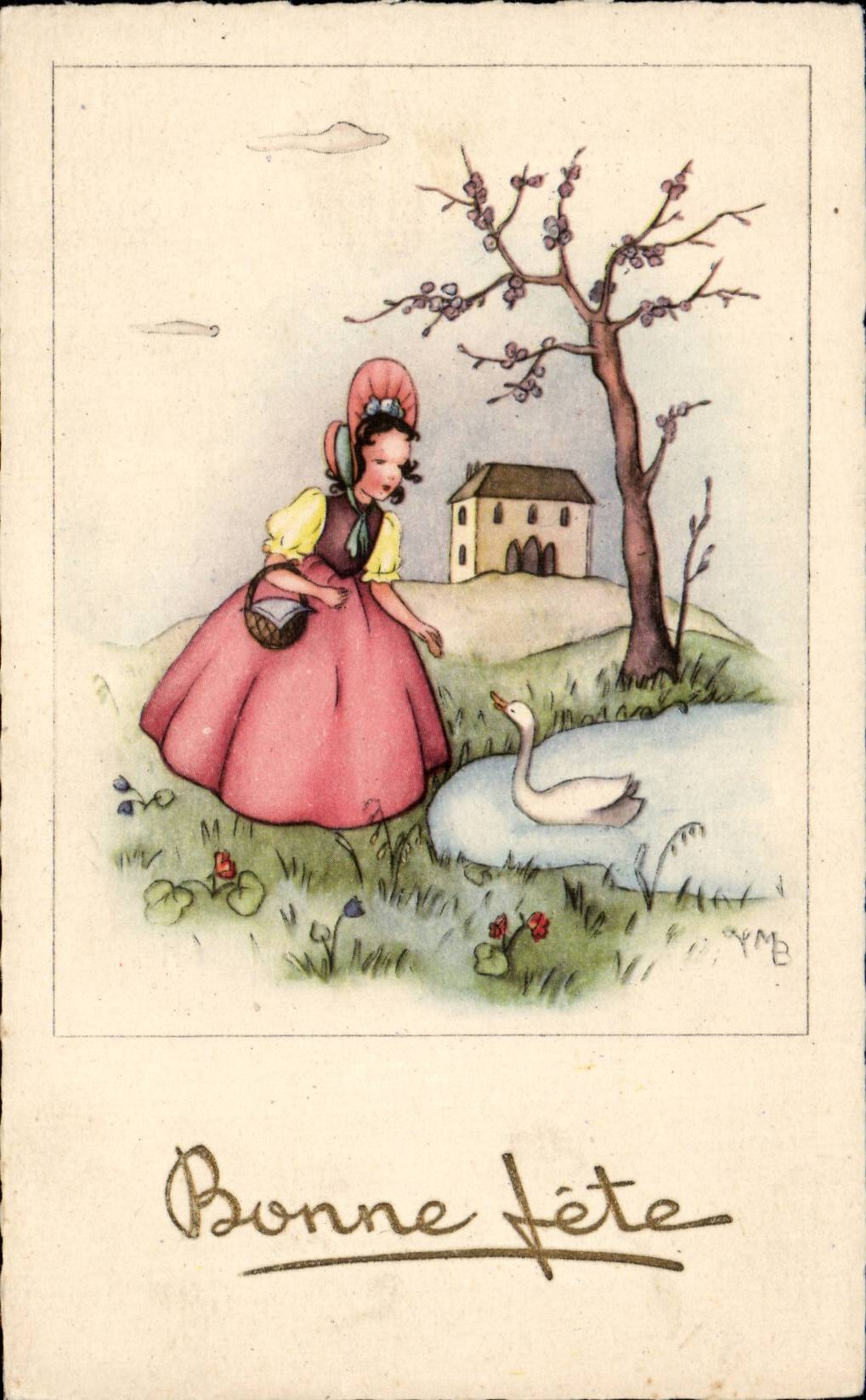 Fantaisie - Enfant - Illustration - children wearing pretty bonnet - Bonne Fete - CPA 