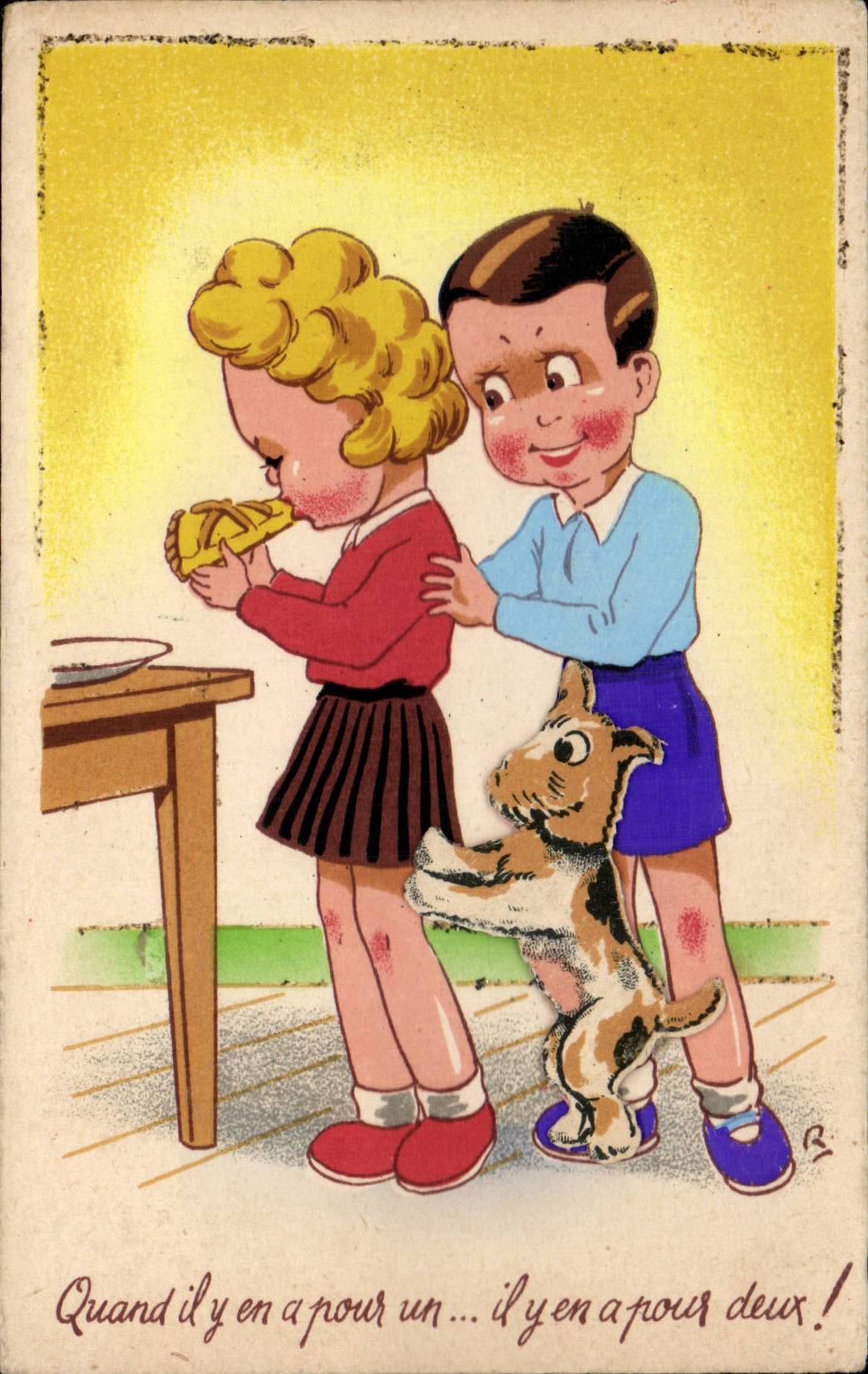 Fantaisie - Enfant - Illustration - children sharing pie - chien (en relief) - dog - CPA 