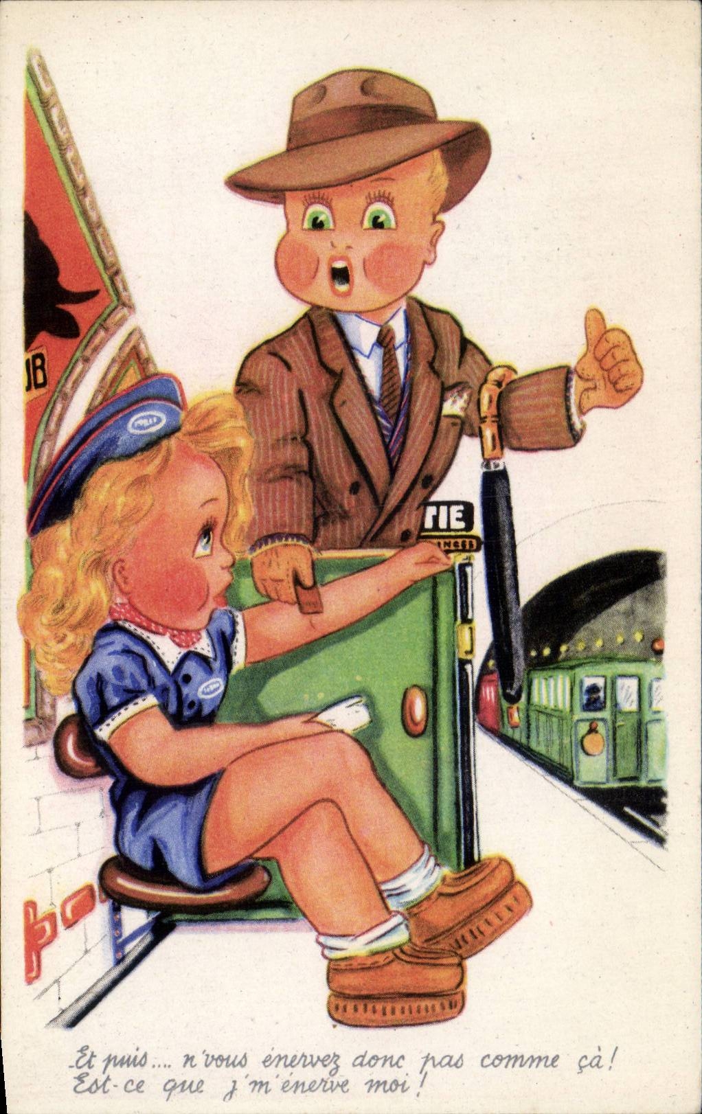 Fantaisie - Enfant - Children waiting for the train - CPA 