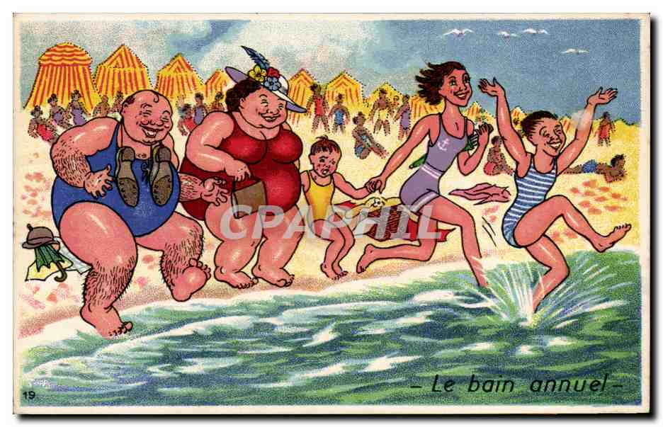Humour - Illustration - swimming - bain - plage - beach - CPA 