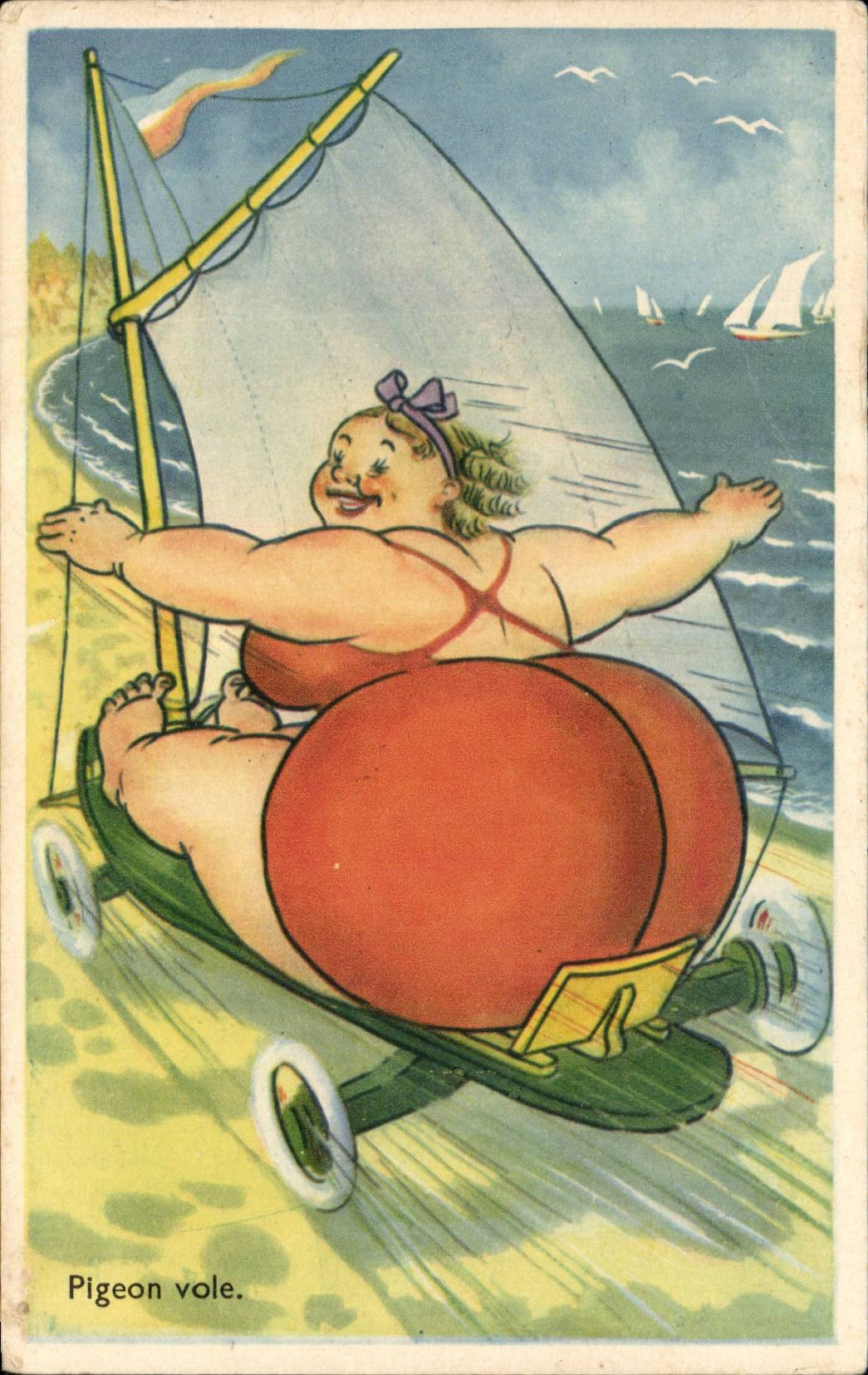Humour - Illustration - plage - bain - Pigeon Vole - beach - CPA 