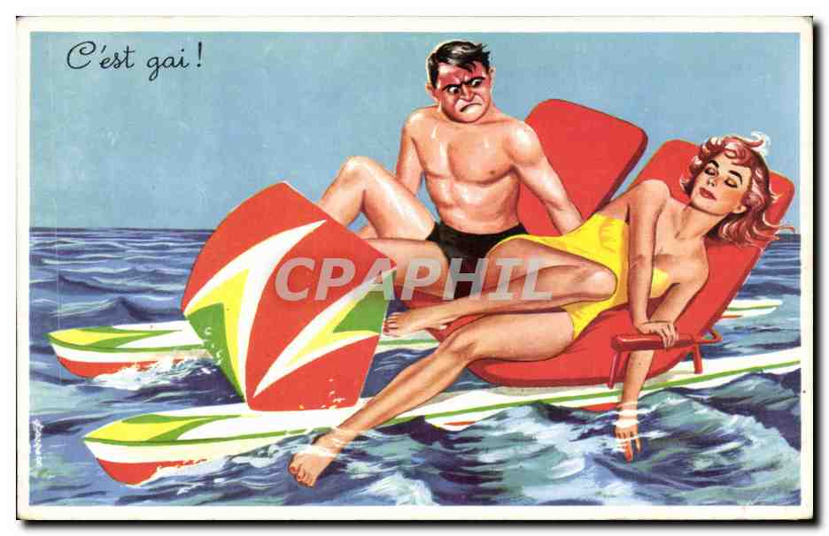 Humour - Illustration - C'est Gai - plage - beach - bain - swimming - CPA 