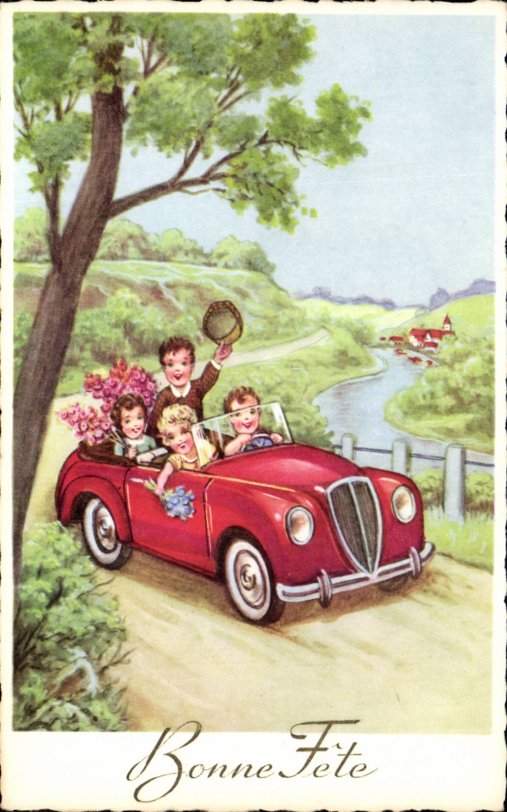 Fantaisie - Enfants - Humour - Illustration - Bonne Fete - automobile - CPA 