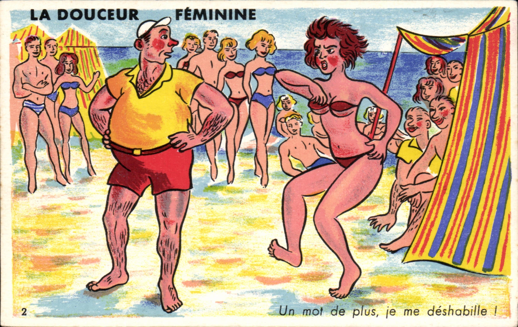 Humour - Illustration - Douceur Feminine plage - beach - bain - swimming - CPA 