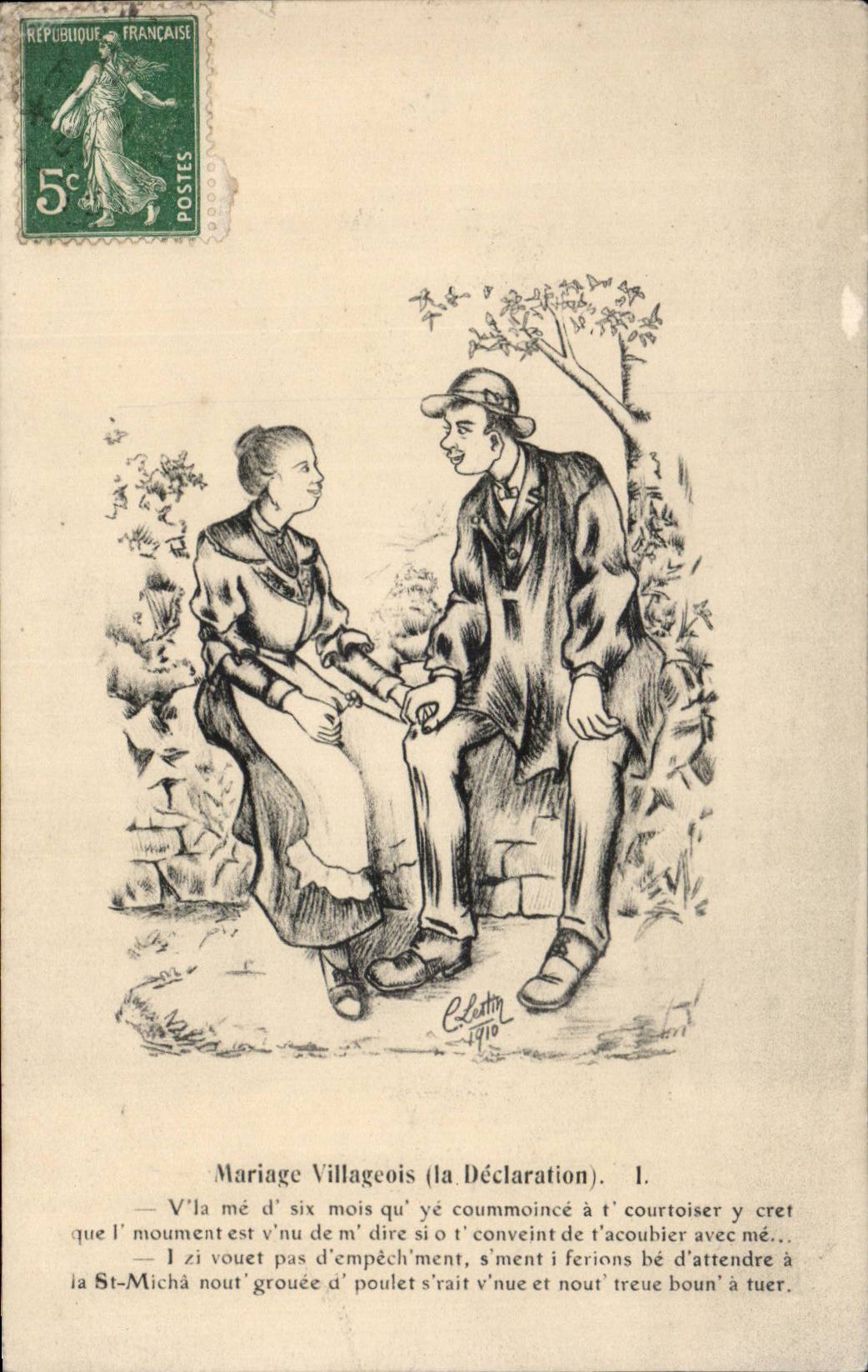 Mariage Villageois (la Déclaration) — Éditeur : C. Lestin, 1910 — Timbre 5c vert République Française
