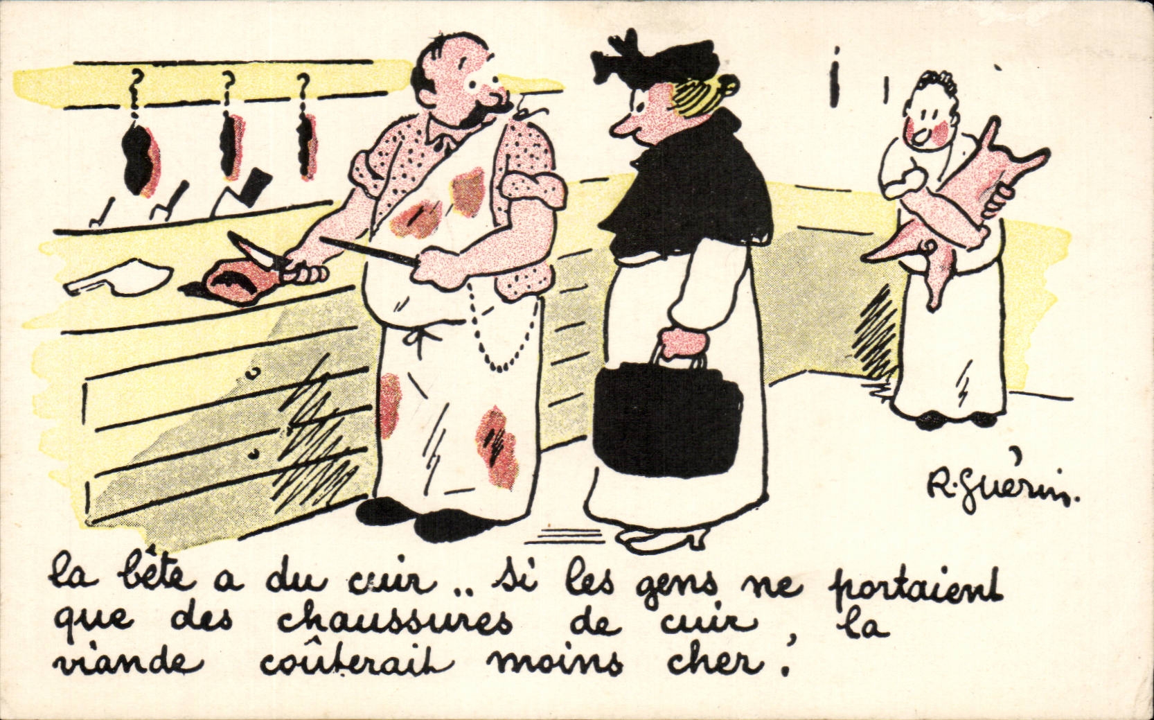 Humour - Illustration - La bete a du cuir Boucher Butcher - CPA 