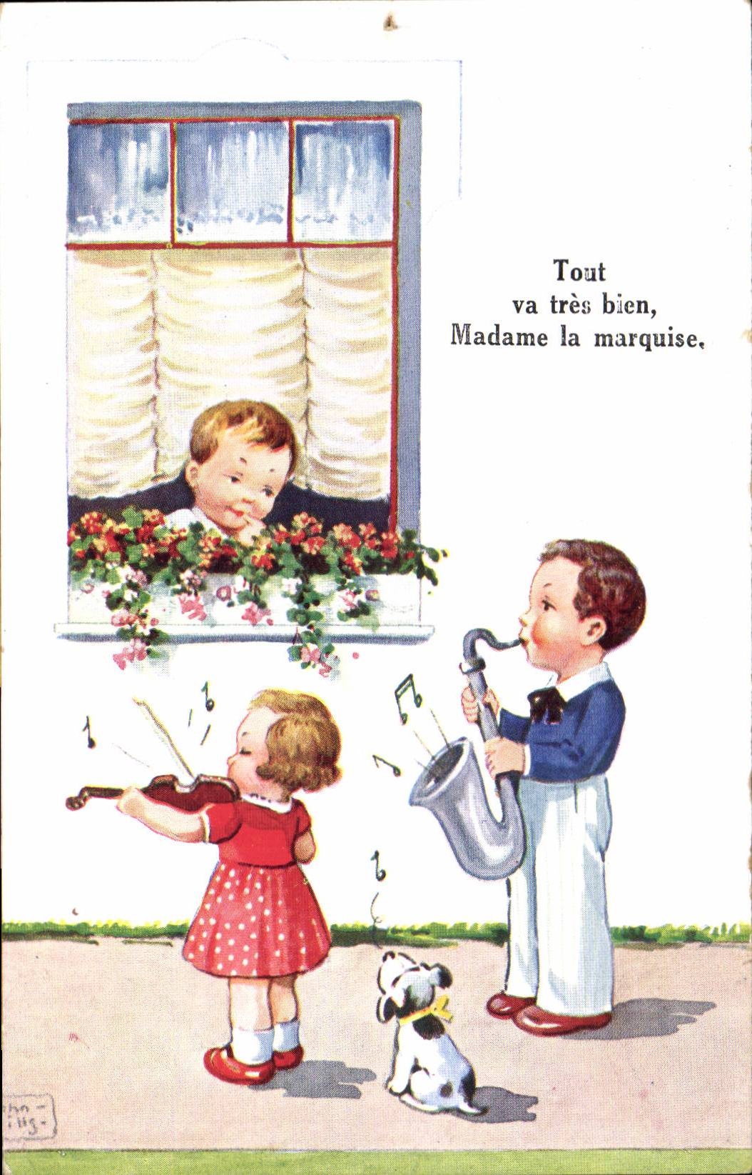 Fantaisie - Enfants - Humour - Illustration Saxophone Violon - Tout va tres bien - CPA 
