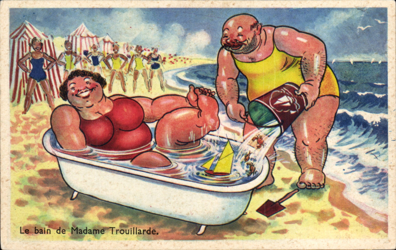Humour - Illustration - Le Bain de Madame - bain - swimming - plage - beach - CPA 