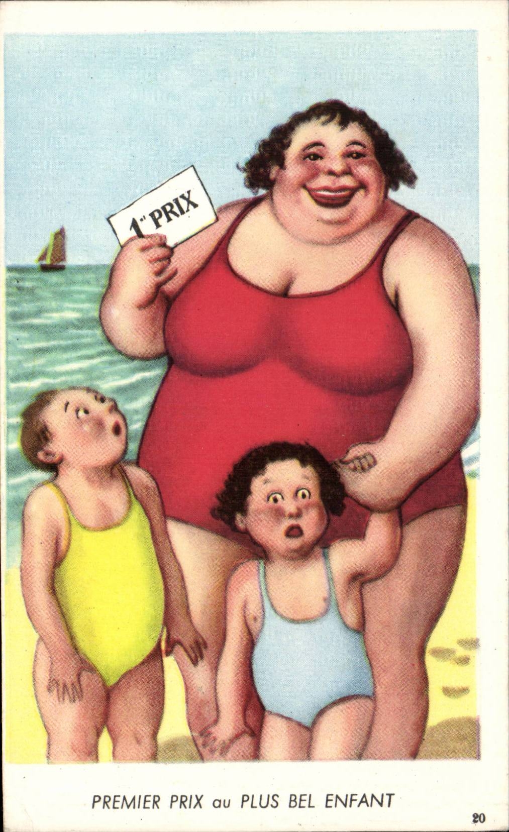 Humour - Illustration - swimming - bain - plage - beach - I Prix - CPA 