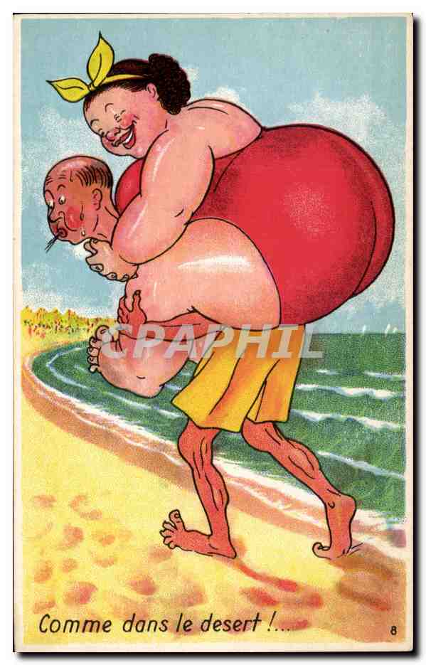 Humour - Illustration - swimming - bain - plage - beach - Comme dans le desert - CPA 
