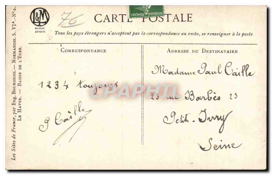 CPA Le Havre Bassin de l'Eure — Rückseite