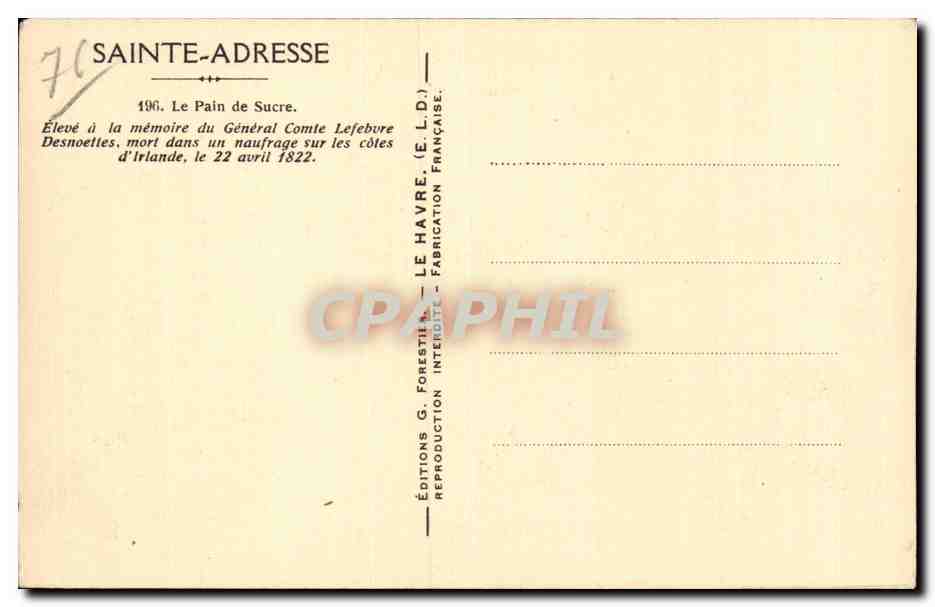 CPA Le Havre Sainte Adresse le pain de sucre — Rückseite