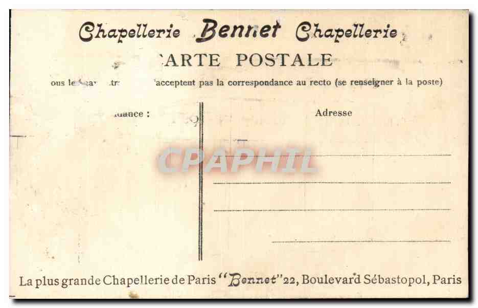 CPA Fantaisie Humour Publicite Chapellerie Bennet Sebastopol Paris — Verso