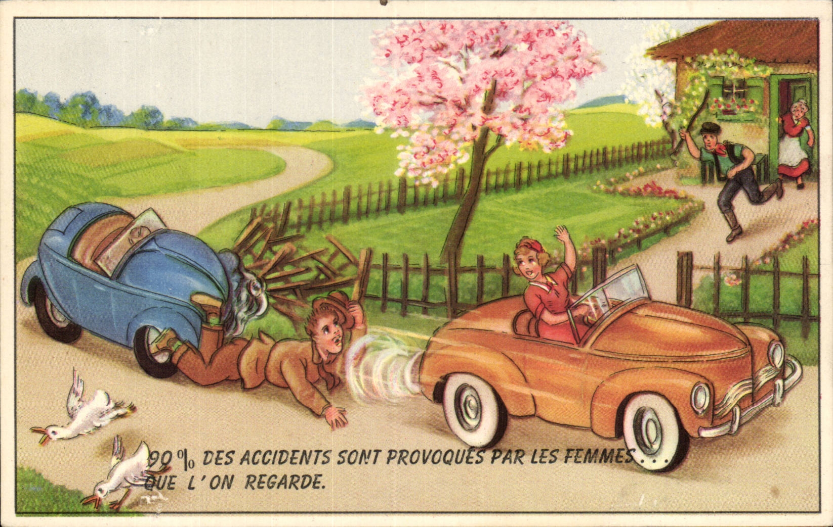 CPA Fantaisie Humour Automobile 90% des accidents sont provoques par des femmes que l'on regarde