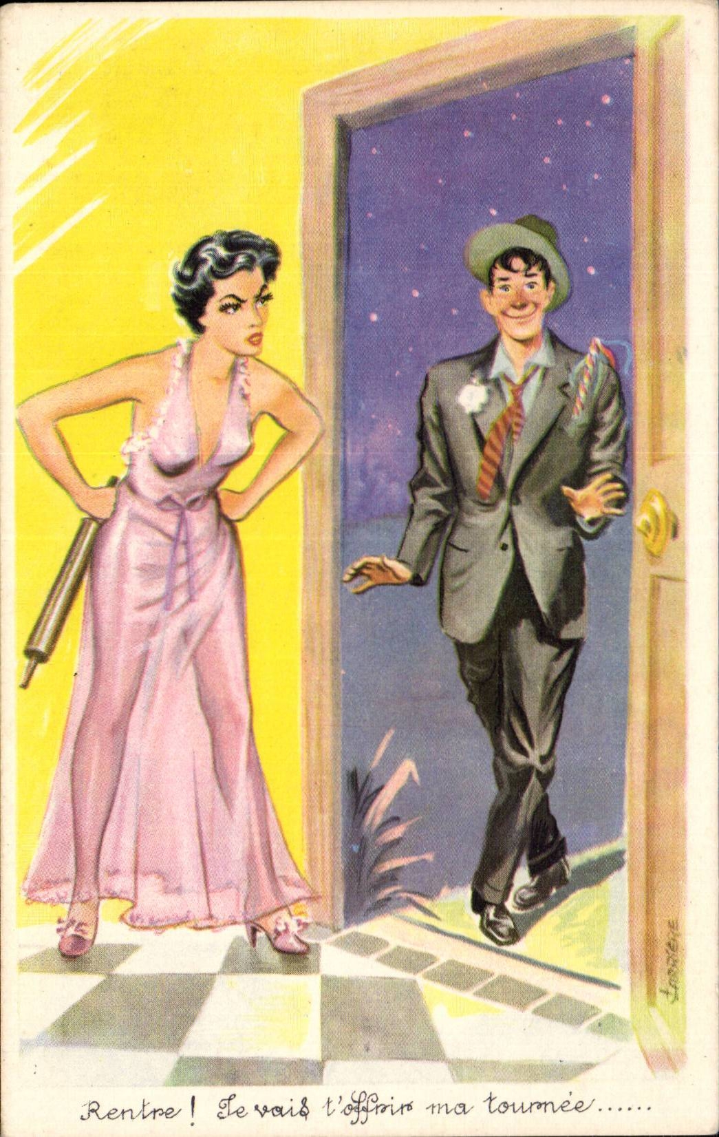 Frau in rosa Kleid — Mann in Anzug an der Tür — Verlag Lannière