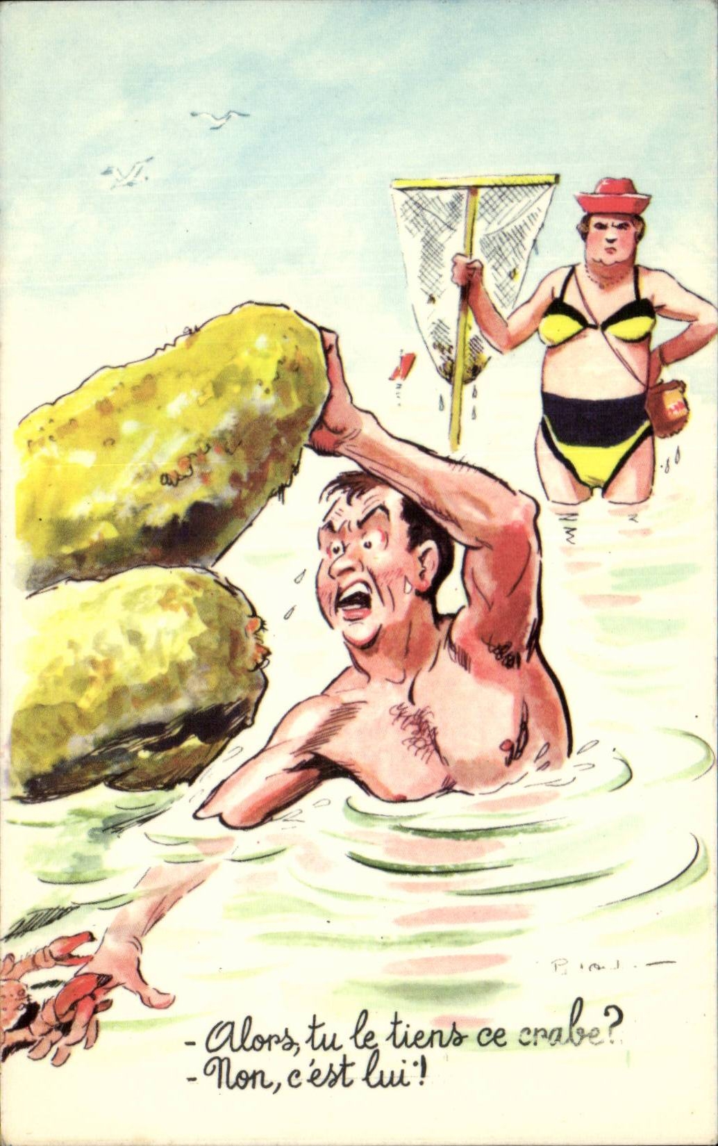 Crabe et baigneuse — scène humoristique — P. J. (signé)