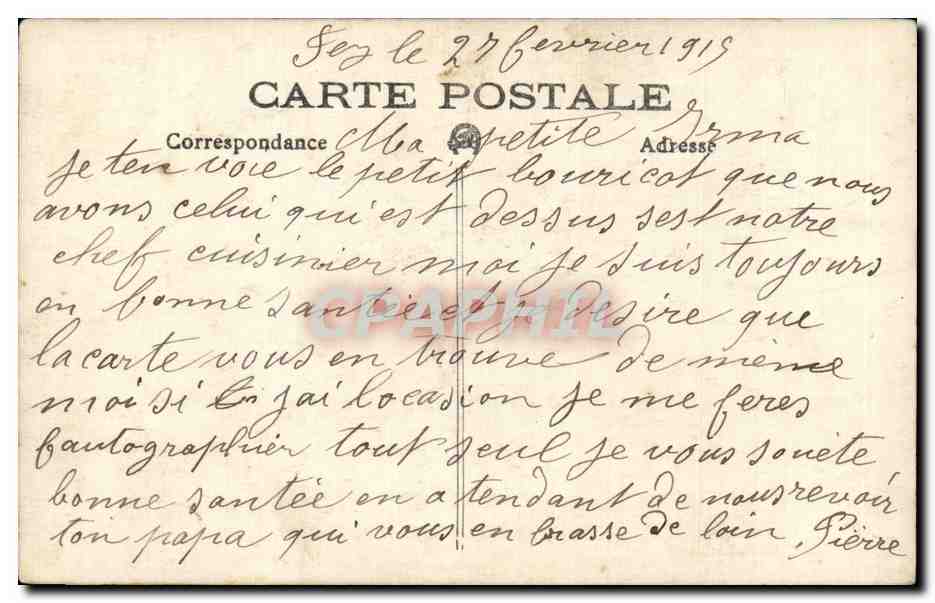 Soldato a cavallo su un asino — Francia, 1915 — Cartolina postale — Verso