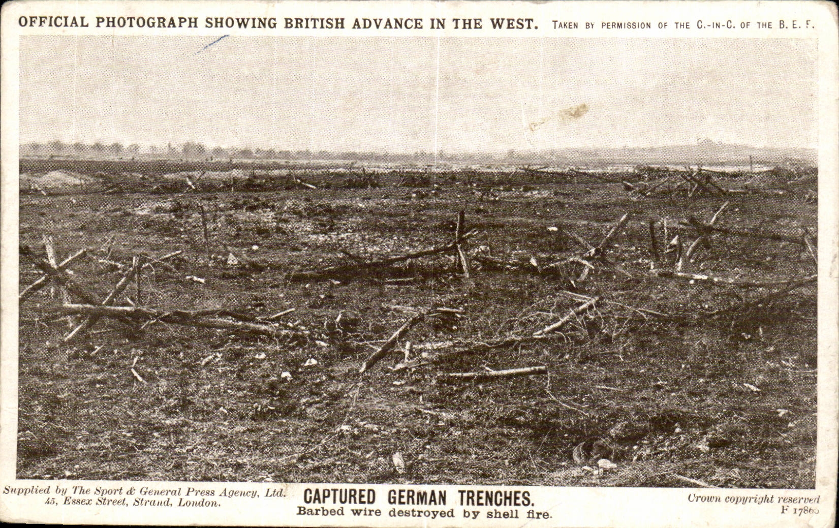 Captured German Trenches — Barbed wire destroyed by shell fire — The Sport & General Press Agency, Ltd. n° F 17860
