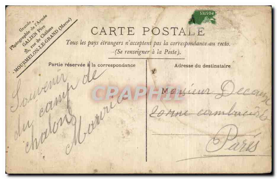 CPA CARTE PHOTO Militaria Soldat Poilus Camp de Chalons — Rückseite