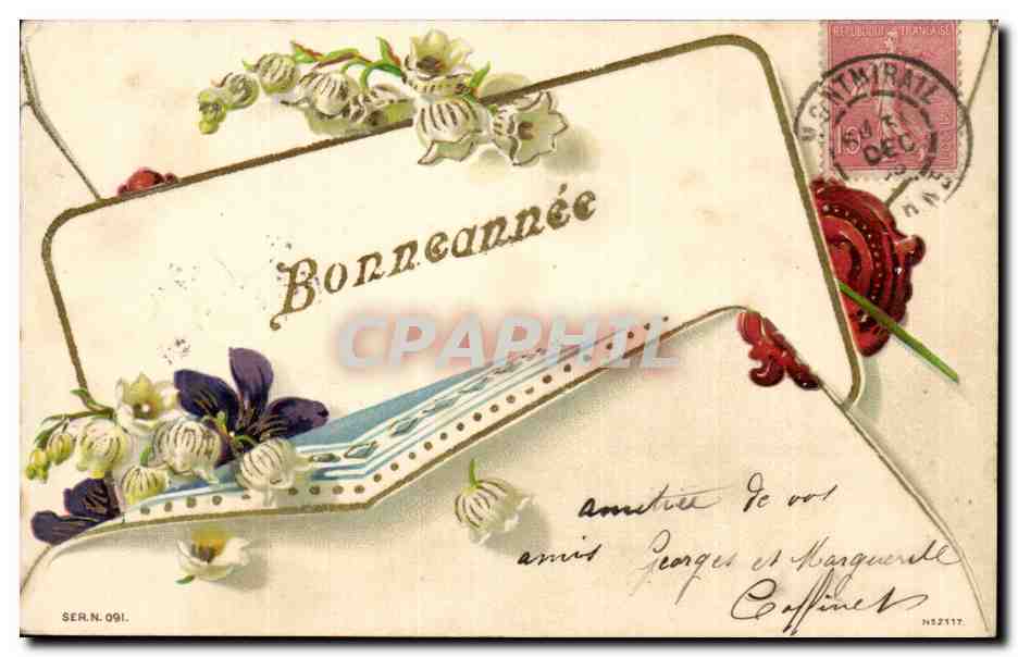 Bonne Année — Carte postale décorée de fleurs — Éditeur Caffine, n° 091