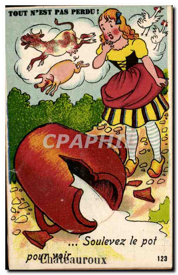 CPA CARTE SYSTEME Fantaisie Soulevez le pot pour voir Chateauroux Vache Cochon Cow pig