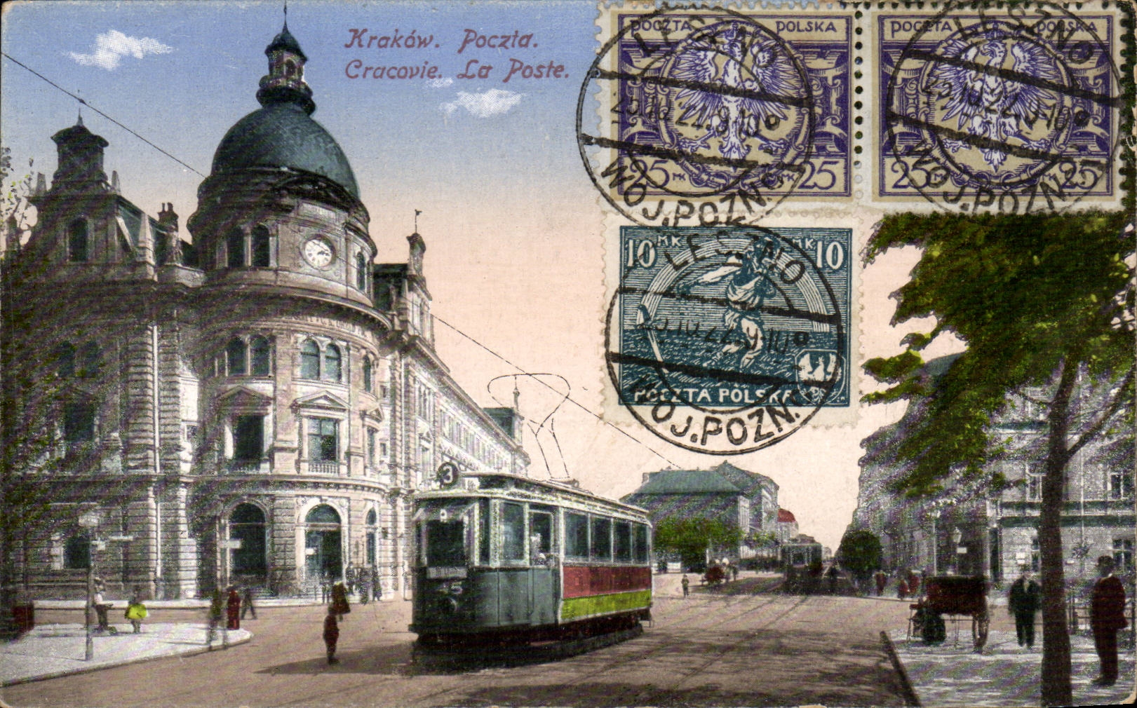 Kraków. Poczta. Cracovie. La Poste. — Vue de la poste et d'un tramway — éditeur inconnu, n° de série non visible