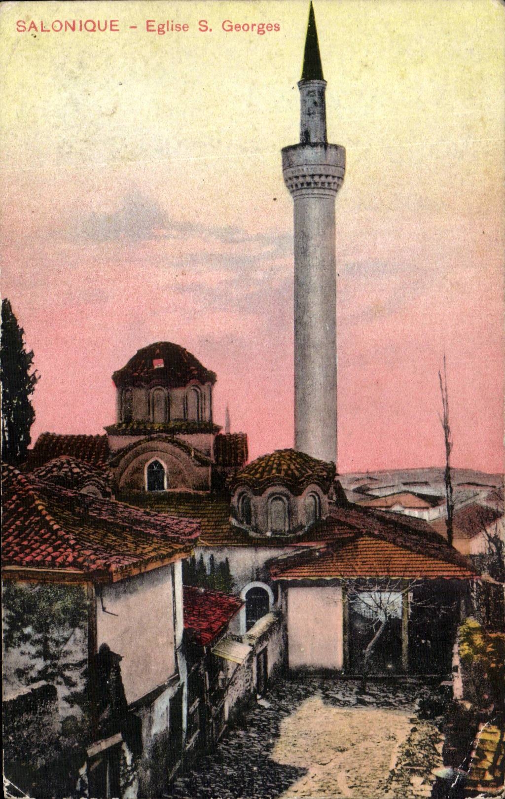 Salonique - Église S. Georges — imprimé en plusieurs langues, avec minaret visible