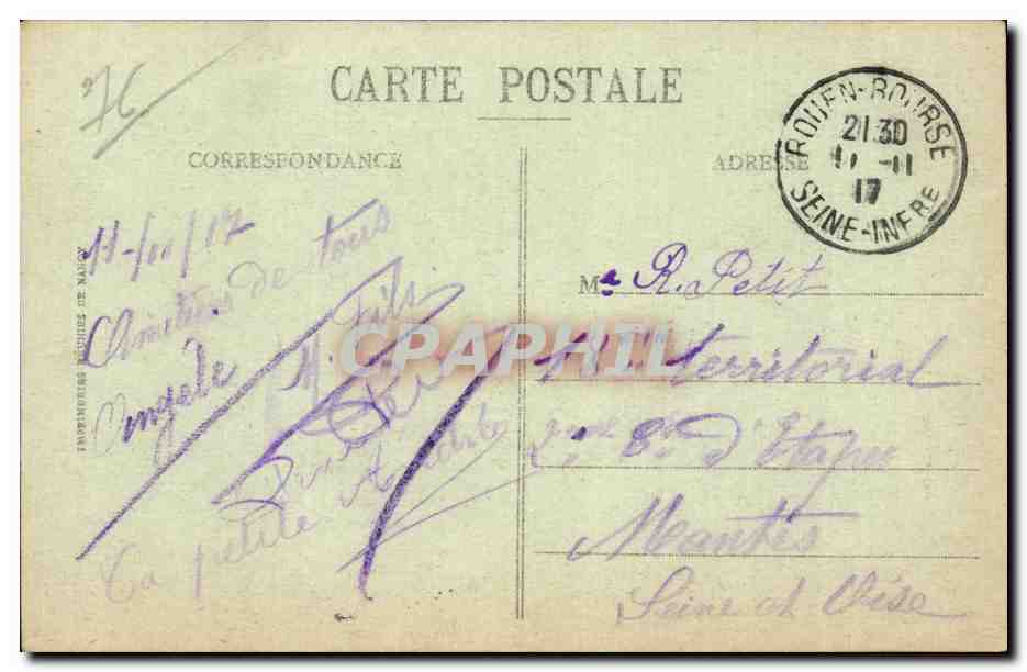 CPA Rouen Place de l'hotel de ville et rue Thiers — Verso