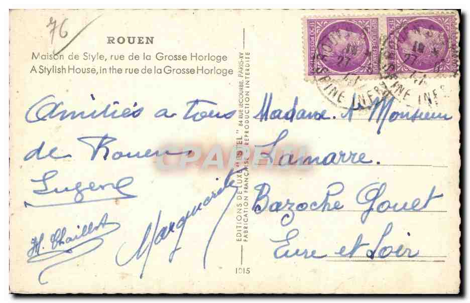CPSM Rouen maison de style rue de la Grosse horloge — Verso