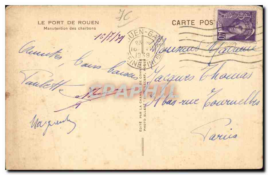 CPA Rouen Le port Manutention des charbons — Verso