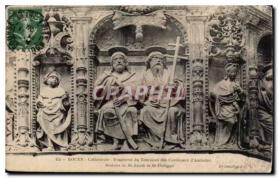 CPA Rouen Cathedrale Fragment du tombeau des cardinaux d'Amboise Statues de St Jacob et St Philippe