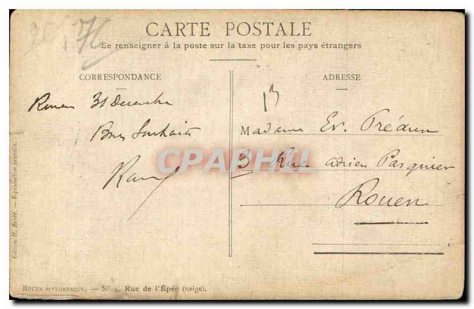 CPA Rouen Rue de l'epee — Rückseite