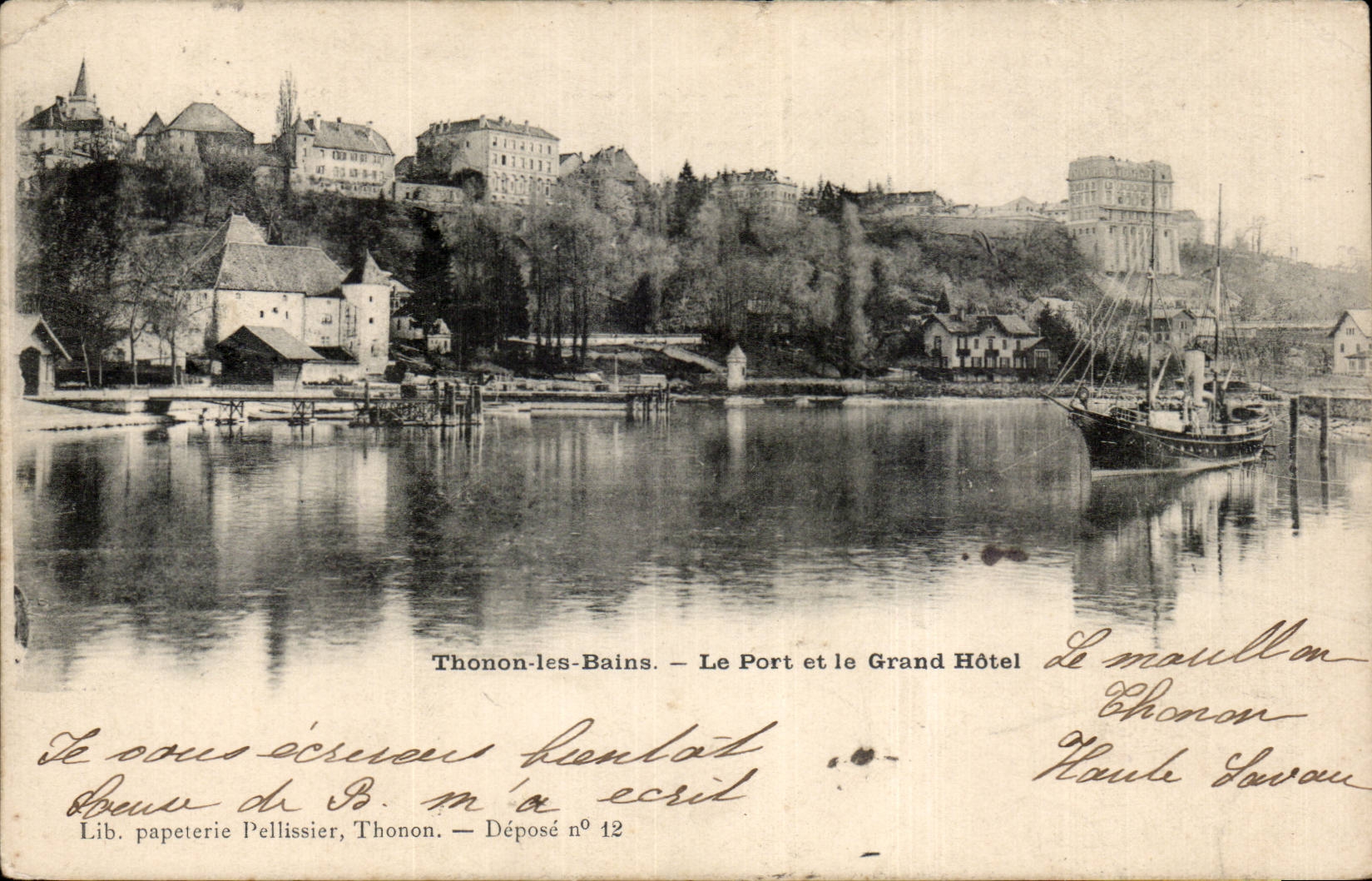 Thonon-les-Bains — Le Port et le Grand Hôtel — Lib. papeterie Pellissier, Thonon — Déposé n° 12