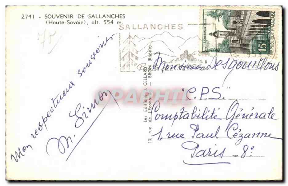 Sallanches — vue panoramique et monuments — Éditions C. Cellard, n° 2741 — Verso