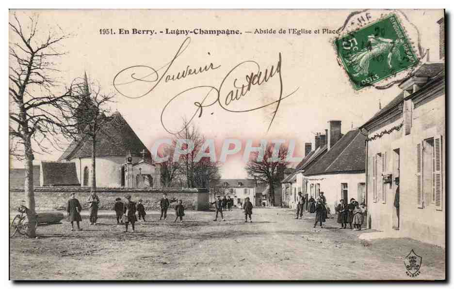 Lugny-Champagne — Abside de l'Église et Place — A. Auxenfans, éditeur, Bourges