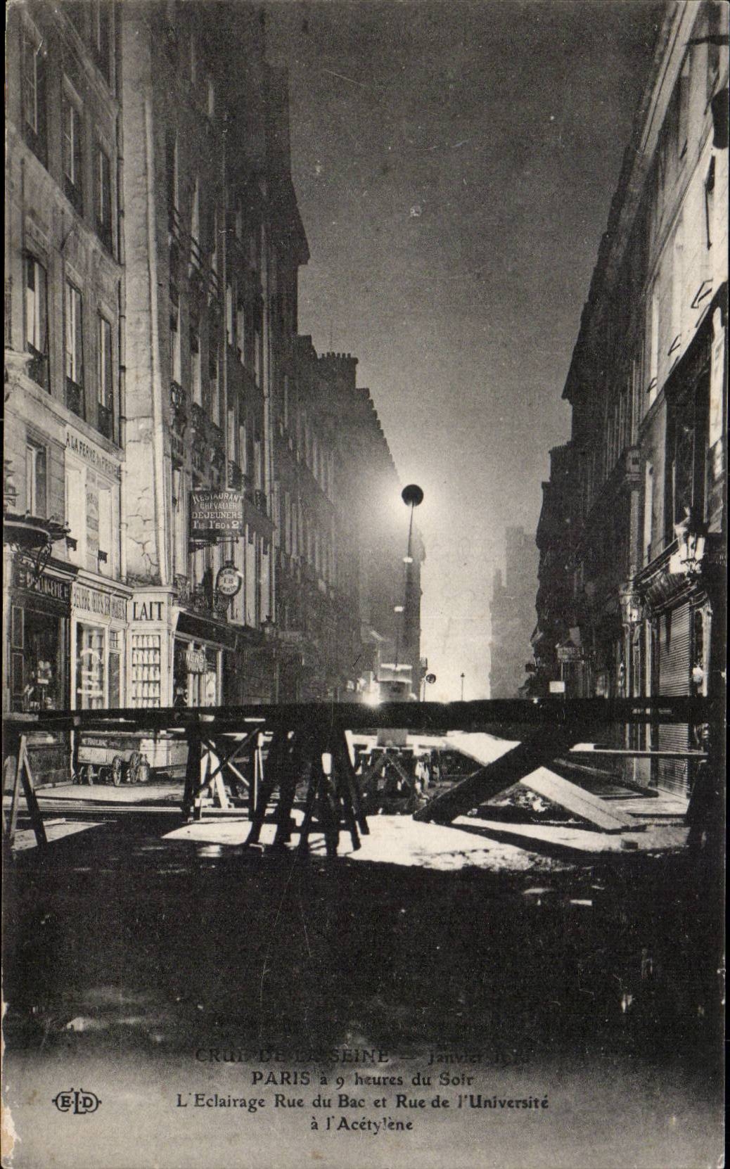 Paris — Éclairage à l'acétylène Rue du Bac et Rue de l'Université — Éditeur E.P.D. n° 148