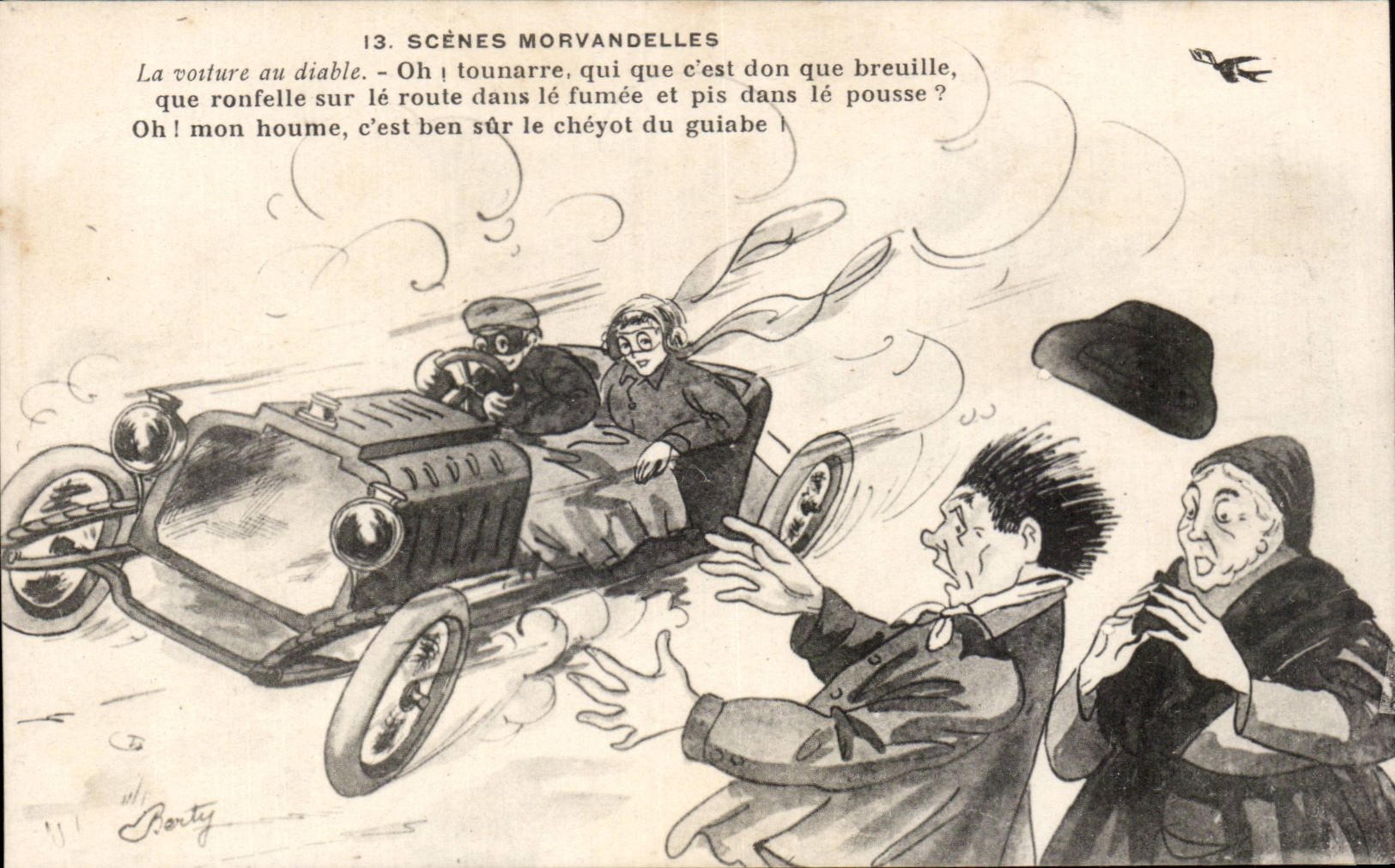 Morvandelle-Szenen — Das Auto und der Teufel — Zeichnung von Barty